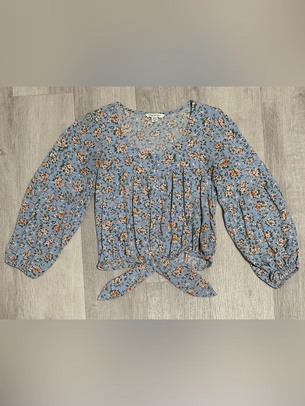 American Eagle Outfitters Light Blue Floral Tie-Front Romantic Blouse